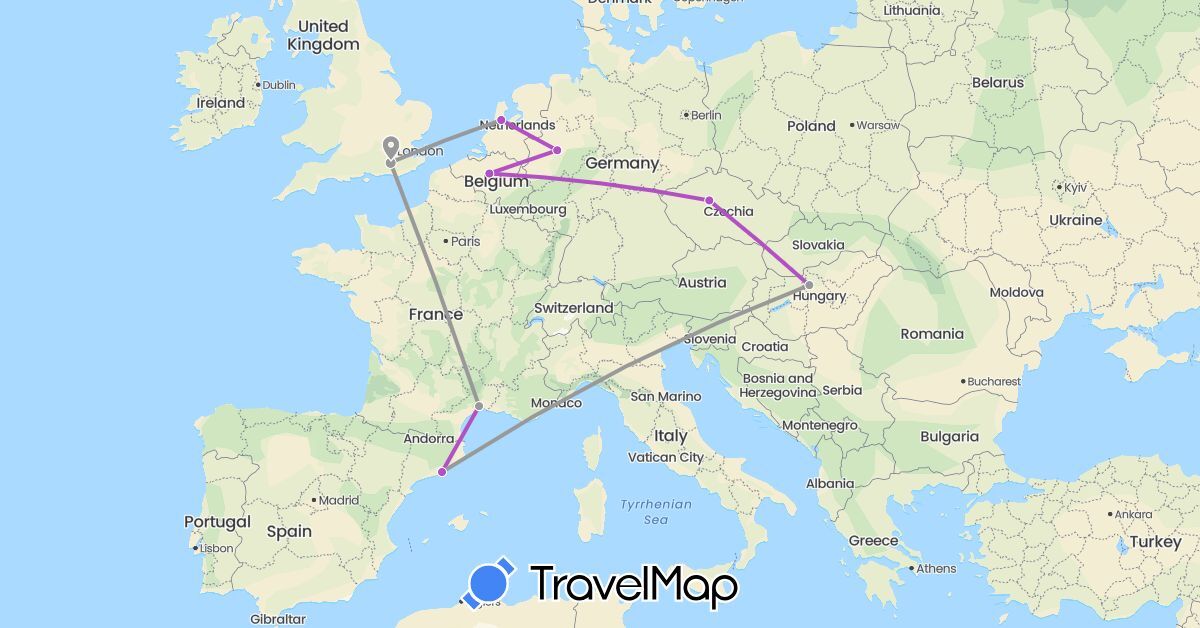 TravelMap itinerary: driving, plane, train in Belgium, Czech Republic, Germany, Spain, France, United Kingdom, Hungary, Netherlands (Europe)